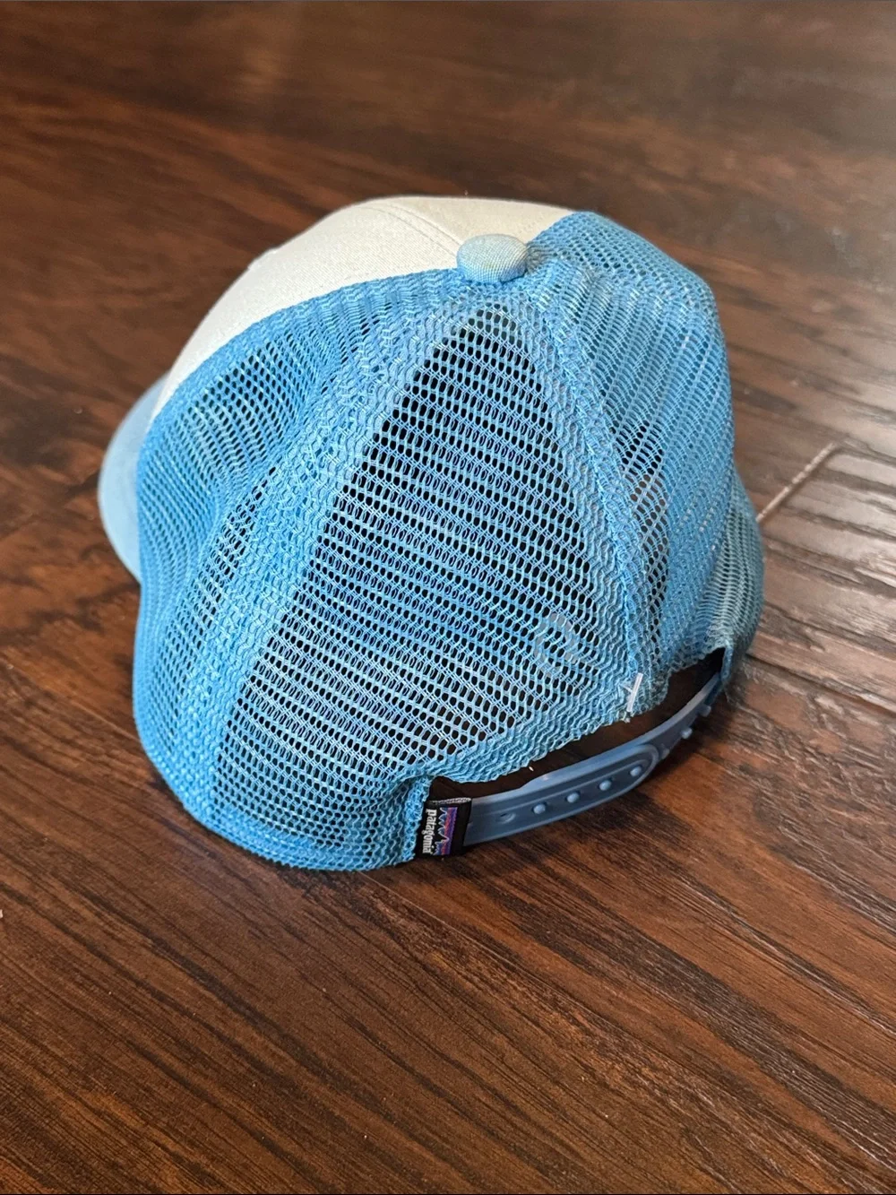 Patagonia Light Blue and Cream Kids Trucker Hat with Striped Bear Patch
